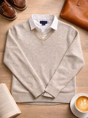 Club Room Lambswool Sweater Women’s Small Oatmeal Cream V Neck Oversized Knit